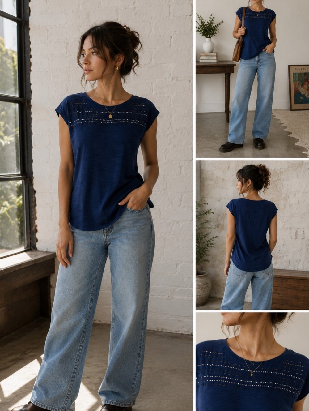 Diana Belle Size M Blue Embellished Short Sleeve Blouse